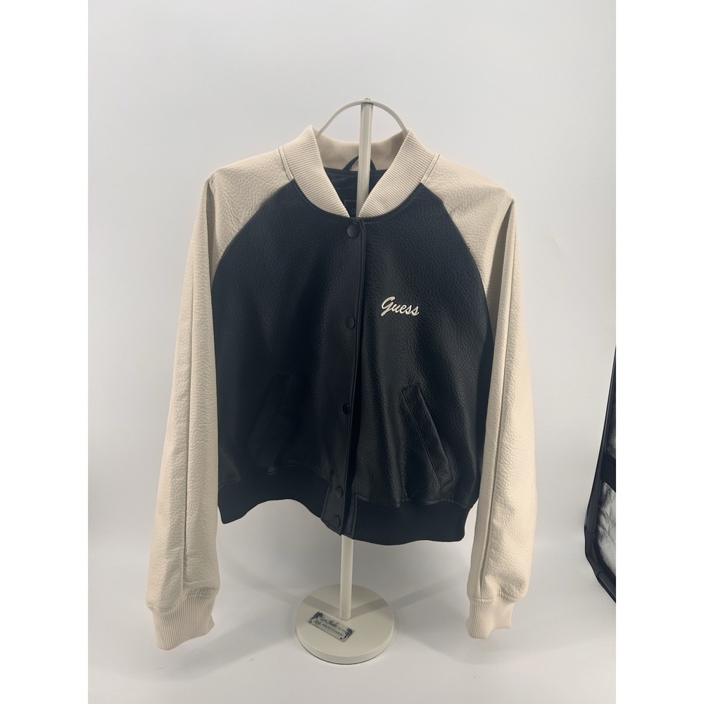 Guess Azira PU Bomber Jacket Women's Large Black Cream Varsity Faux Leather Logo